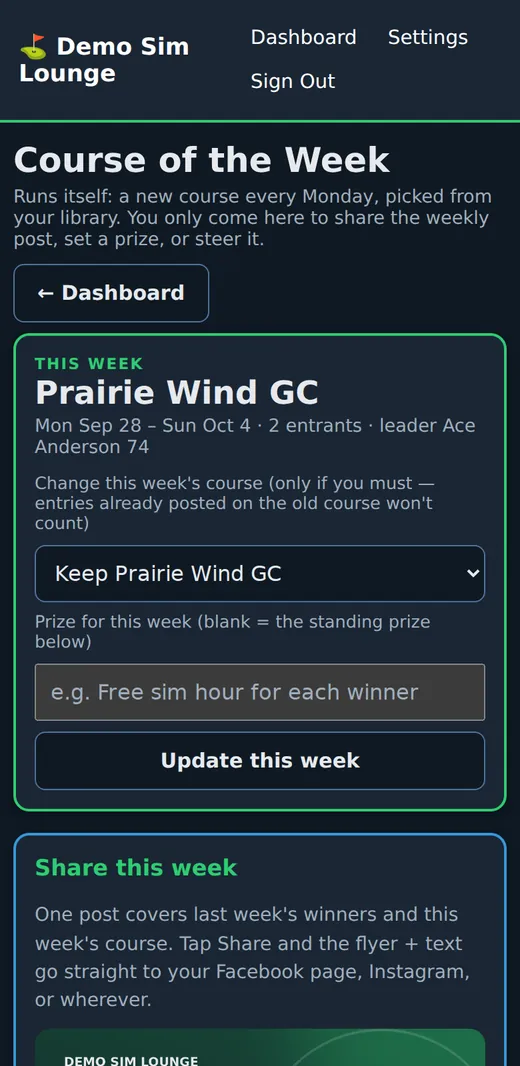 Course of the Week for the admin: this week's course and leader, change the course or the prize, share the week