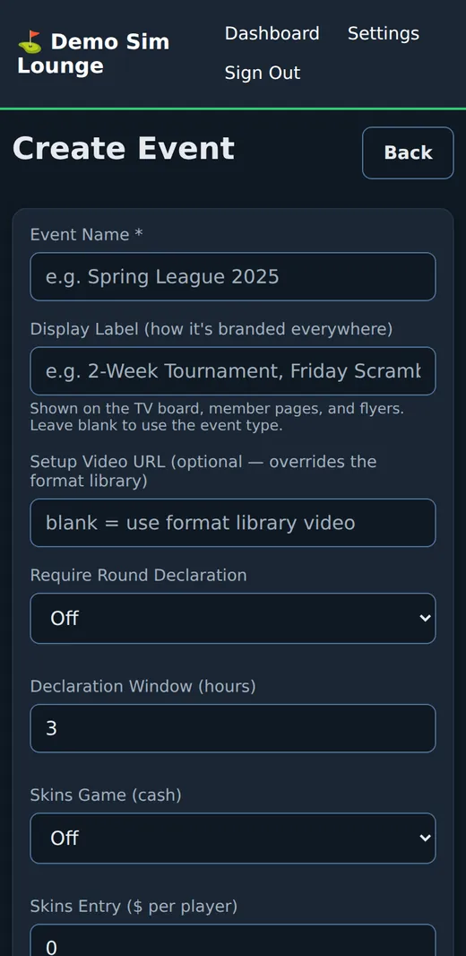 Creating an event on a phone: event name, display label, round declaration, skins game