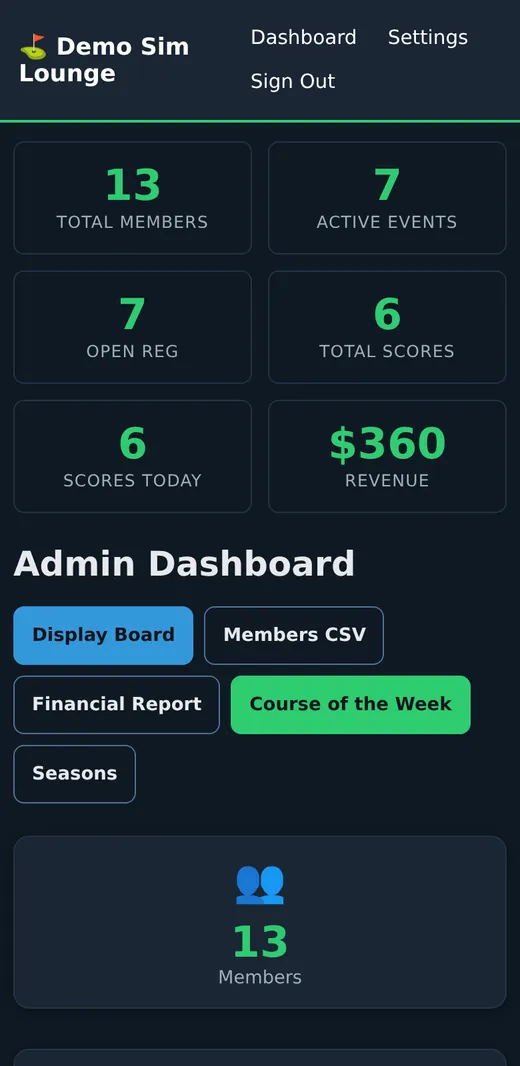 The admin dashboard on a phone: total members, active events, open registrations, scores today and revenue