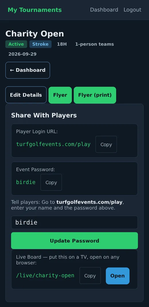 The organizer's page: flyer buttons, the address players use and the event password to copy