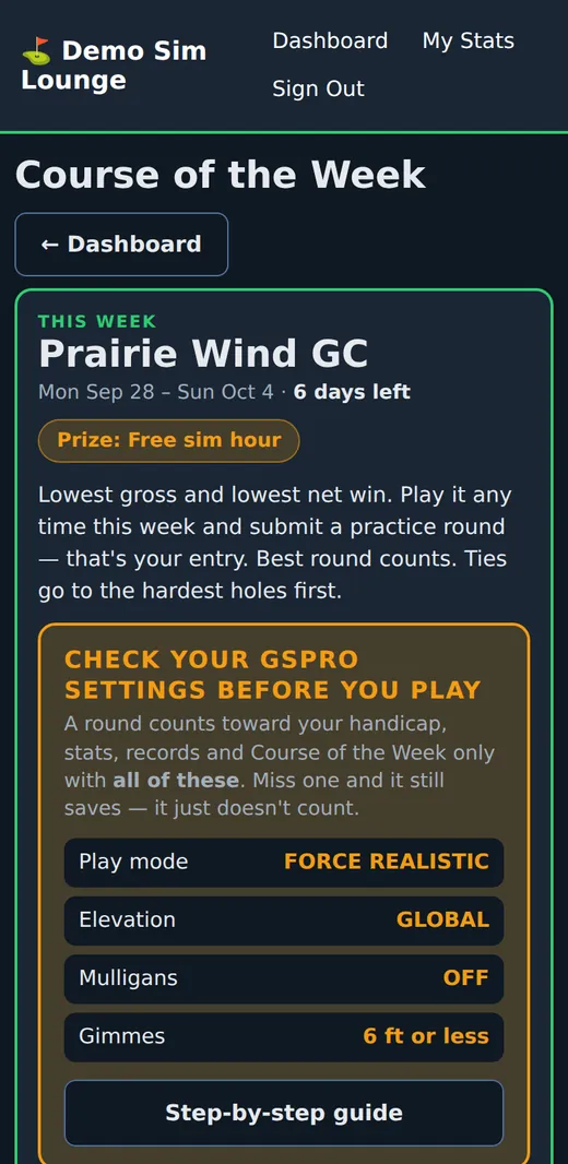 Course of the Week for a member: this week's course, the dates, the prize and the GSPro settings to check before playing