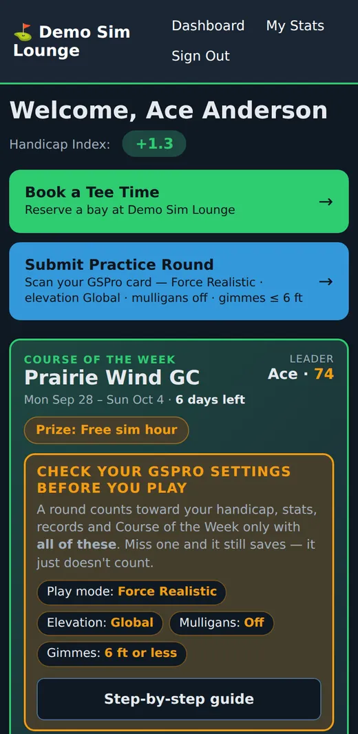 A member's home page on a phone: handicap index, book a tee time, submit a practice round, and this week's Course of the Week with its leader