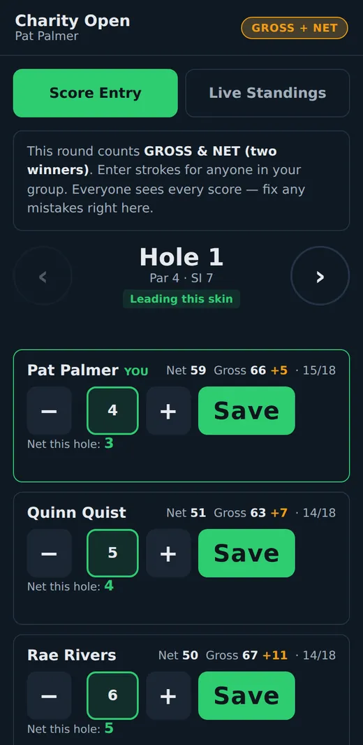 Score entry for a public event on a phone: hole 1, and plus and minus buttons with Save for each player in the group