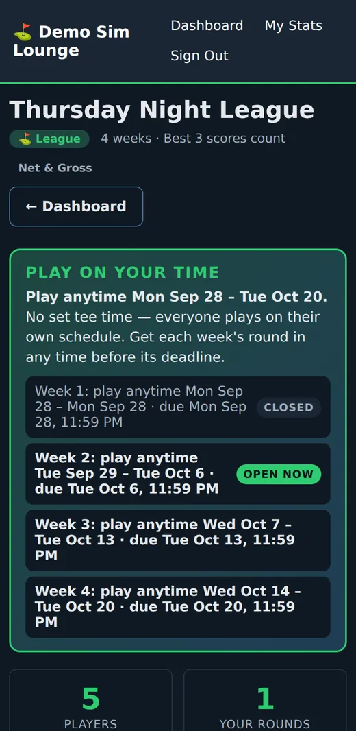 A league page on a phone: play any time this week, with each week's open and due dates