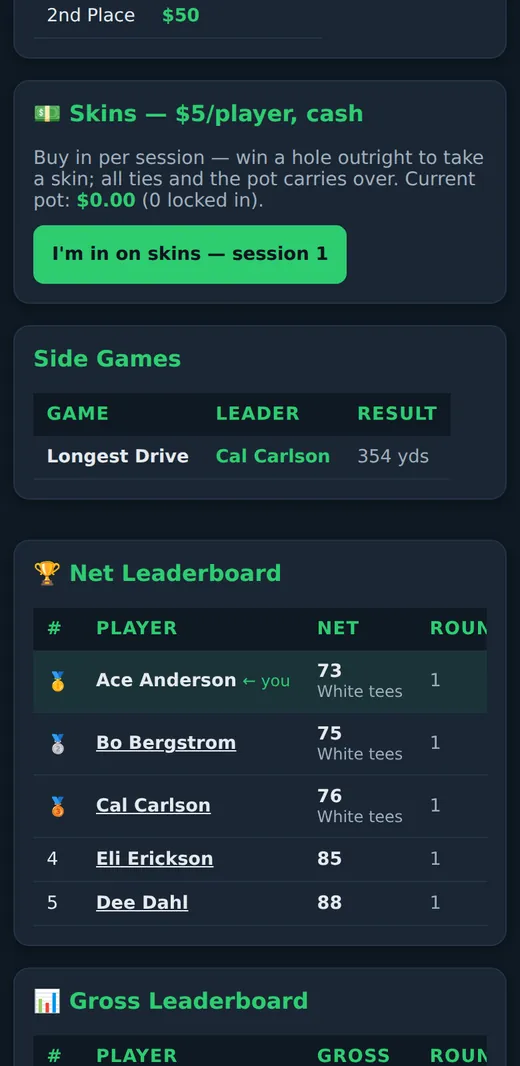 A league page on a phone: the skins pot, side games and the net leaderboard with medals for the top three
