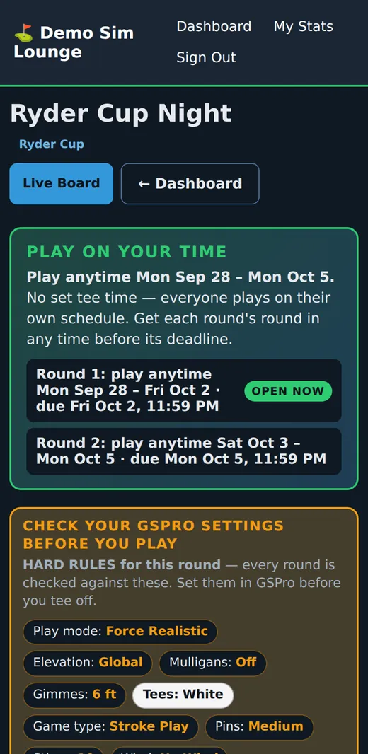 A Ryder Cup event page: live board, the rounds and the hard rules of the round