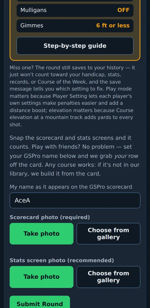 The two photo slots of a round: scorecard and stats screen, each with Take photo and Choose from gallery