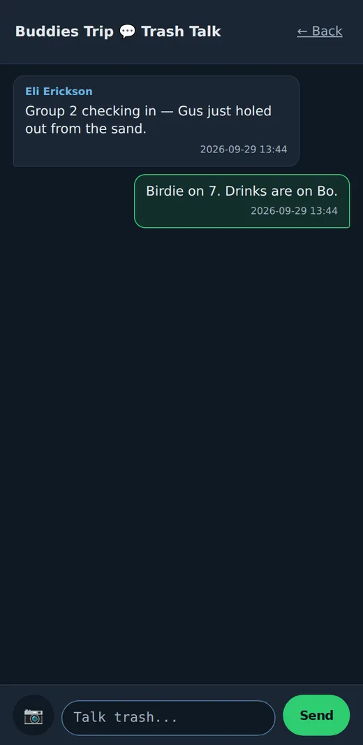 The trip's group chat on a phone: two messages about the round