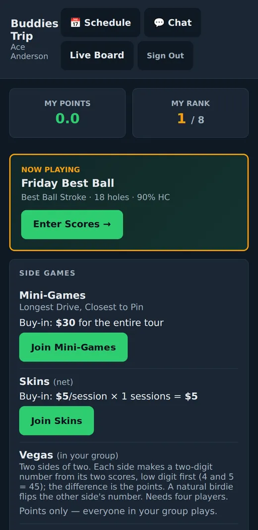 A player's page for a golf trip: my points, my rank, the round being played now and the side games to join