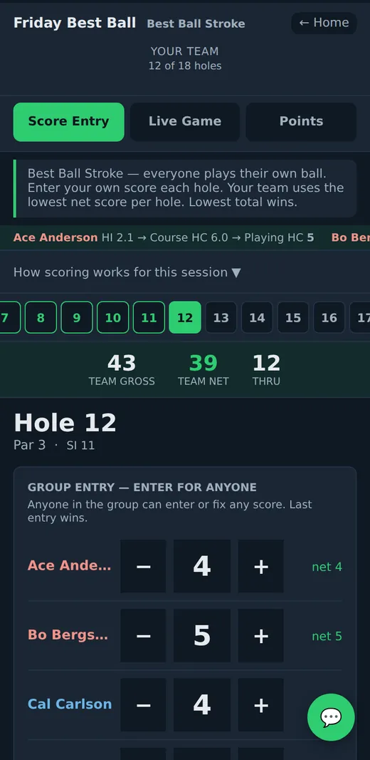 Score entry for a golf trip on a phone: a best ball round, team gross and net, and a score box for each player in the group